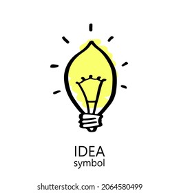 Lght bulb ON - hand drawn icon with idea concept. Lamp sketch. Lightbulb doodle vector illustration.