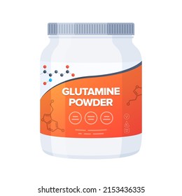 L-Glutamine Powder Supplement Bottle Supplement Bottle in flat style on white background. Plastic Bottle of Amino Acids capsules. Vector illustration