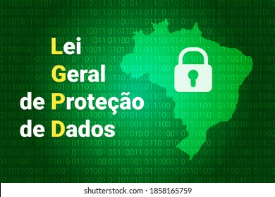 LGPD - Brasilianische Datenschutzbehörde DPA, Rechte unter der Lei Geral de Prote o de Dados - Spanisch. Vektorgrafik-Hintergrund mit Schloss und Karte von Brasilien