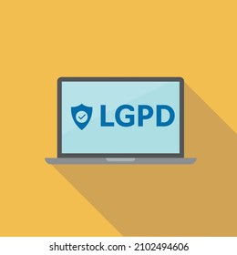 "LGPD - Ley general de protección de datos" escrita en portugués en un portátil de diseño plano con fondo amarillo