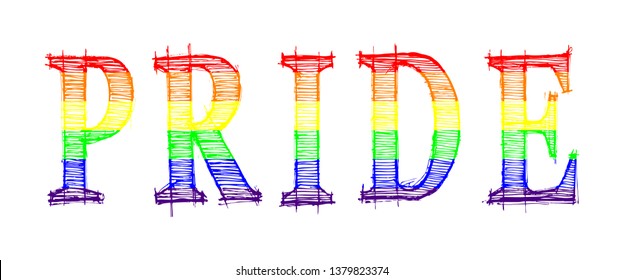 LGTBQ community vector design. PRIDE text in rainbow flag colours. RGBT pride  flag, rainbow flag in the background. Drawing PRIDE letters