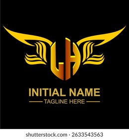 LH Golden Wing Emblem Logo with elegant gold wings, sleek and modern design. Ideal for branding, creative projects, luxury businesses, or artistic ventures.