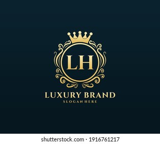 LH Initial Letter Gold calligraphic feminine floral hand drawn heraldic monogram antique vintage style luxury logo design.