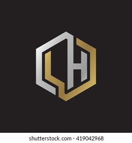 LH initial letters looping linked hexagon elegant logo golden silver black background