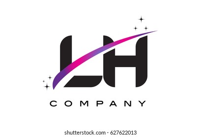 LH L H Black Letter Logo Design with Purple Magenta Swoosh and Stars.
