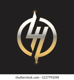 Modelo vectorial de logotipo de marca monográfica de oro LH o L H con fondo negro