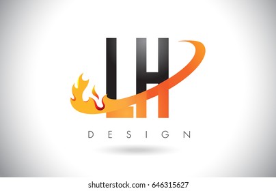 LH L H Letter Logo Design with Fire Flames and Orange Swoosh Vector Illustration.