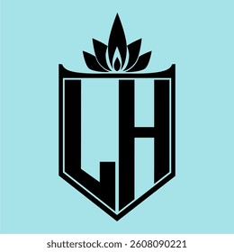 LH Logo featuring a minimalist design with a crown-like flower symbol on top, bold black elements, and a soft blue background, perfect for branding and modern visual identity.