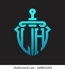 LH Logo monogram with sword and shield combination isolated blue colors gradient