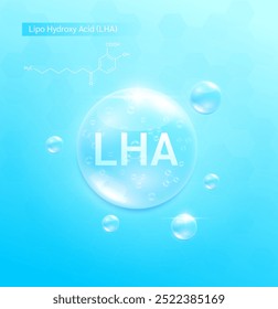 LHA Lipo Hidroxiácido solução azul e fórmula de estrutura química. Rosto de cuidados da pele do soro para anúncios de cosméticos. Ciências da beleza médica. Vetor EPS10.