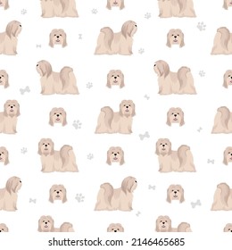 Lhasa Apso seamless pattern. Different poses, coat colors set.  Vector illustration