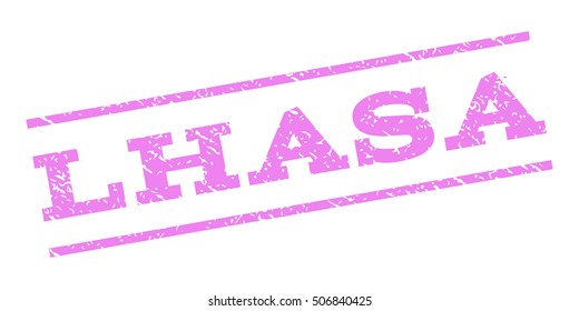 Lhasa watermark stamp. Text tag between parallel lines with grunge design style. Rubber seal stamp with unclean texture. Vector violet color ink imprint on a white background.