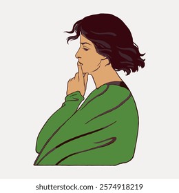 L'Heure du silence, isolated vector element. Woman portrait vector. Vintage woman side profile, thinking art drawing illustration, woman lady female portrait old painting art print.