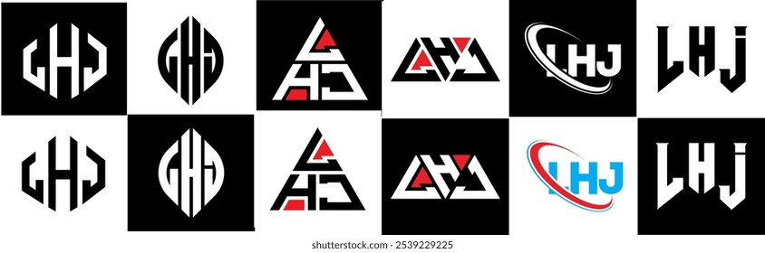 Design de logotipo de letra LHJ em seis estilo. Polígono LHJ, círculo, triângulo, hexágono, estilo simples e plano com logotipo de letra de variação de cor preto e branco definido em uma prancheta. Logotipo minimalista e clássico do LHJ