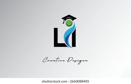 Logotipo de la letra creativa de LI con el casquillo de la graduación y el humano Abstractas – diseño moderno del símbolo de la Educación y del aprendizaje