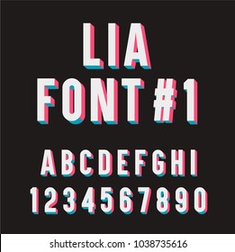 Fuente Lia 1. Conjunto de tipografía 3D. A, B, C, D, E, F, G, H, I, 1, 2, 3, 4, 5, 6, 7, 8, 9, 0