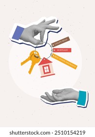 Liabilities acquired along with real estate - one hand gives and another hand takes a bunch of two keys with a keychain in the shape of a house. Keys to the apartment. Vector illustration in a modern 