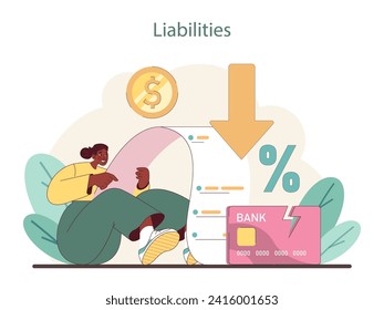 Concepto de pasivo. Navegar por obligaciones financieras y entender las deudas. Gestión responsable de las finanzas personales. Ilustración vectorial plana.