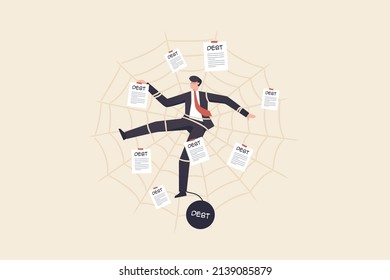 Liabilities, debt collection documents, debt settlement, financial failure or investment risks, bankruptcy.
Businessman trapped in a spider web like owing debt.