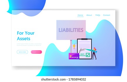 Liabilities Landing Page Template. Tiny Female Character Signing Debentures Document Stand at Huge Credit Card. Unprofitable Property, Loan and Debt, Reducing Finance. Cartoon Vector Illustration
