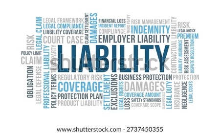 Liability coverage and indemnity word cloud, liability insurance risk management legal concept