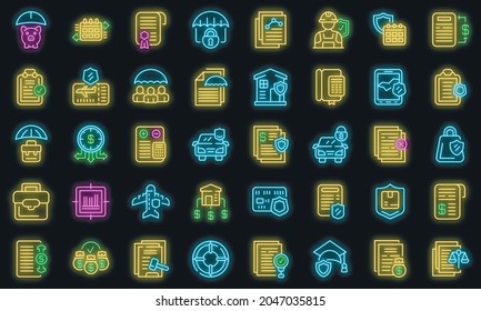 Liability icons set. Outline set of liability vector icons neon color on black
