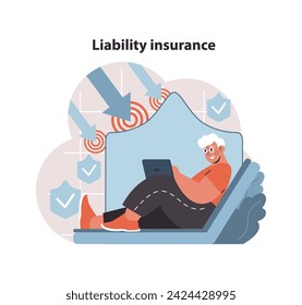 Liability insurance concept. Individual managing risk with a strong protection plan on digital device. Security in professional and personal life emphasized. Flat vector illustration.