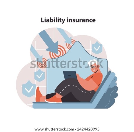 Liability insurance concept. Individual managing risk with a strong protection plan on digital device. Security in professional and personal life emphasized. Flat vector illustration.