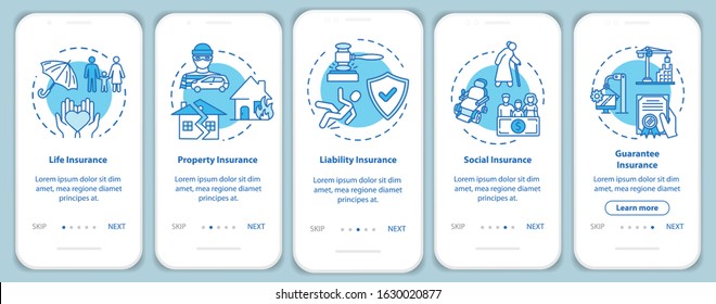 Liability insurance onboarding mobile app page screen with concepts. Social assurance. Policy plan walkthrough 5 steps graphic instructions. UI vector template with RGB color illustrations