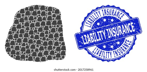 Liability Insurance textured round stamp and vector fractal mosaic stone. Blue stamp seal includes Liability Insurance text inside round shape. Vector collage is formed with repeating stone icons.