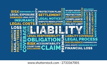 Liability insurance word cloud design with legal responsibility risk coverage claim process
