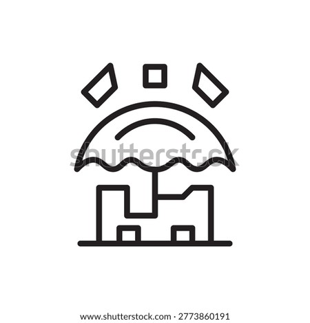 Liability shield vector icon featuring a protective umbrella sheltering a building structure. Ideal for corporate protection, insurance coverage, legal safety nets, and business risk management.