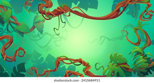 Liana branch frame on green background. Vector cartoon illustration of twisted jungle plant vines with foliage, rainforest tree stems, travel banner or adventure game backdrop design, tropic leaves