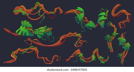 Liana branch with green leaf set isolated on black background. Vector cartoon illustration of twisted jungle plant vines with foliage for game design, rainforest tree stems, old root vegetation