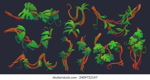 Liana branch with green leaf set isolated on black background. Vector cartoon illustration of twisted jungle plant vines with foliage for game design, rainforest tree stems, old root vegetation