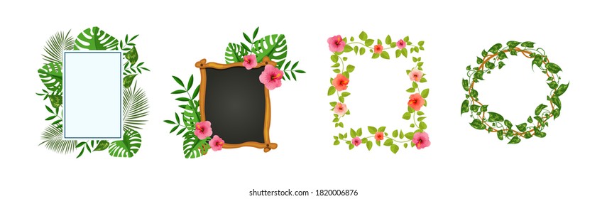 Liana branches frames. Rainforest leaves and tropical liana. Game elements plants of jungle and frames with space for text. Jungle cartoon games plank liana isolated vector. Branches and wooden boards