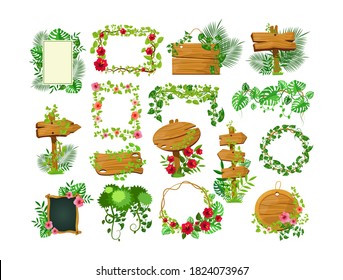 Liana branches frames. Rainforest leaves and tropical liana. Game elements plants of jungle and frames with space for text. Jungle cartoon games plank liana isolated vector. Branches and wooden boards
