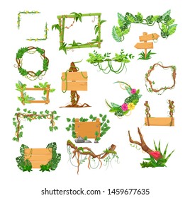 Liana branches frames and rainforest tropical leaves flowers, wooden boards with jungle liana plants for game, banner, frames, gui interface. Jungle cartoon elements games plank liana isolated vector