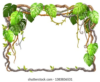 Liana branches and tropical leaves. Cartoon frame plants of jungle with space for text. Isolated vector illustration on white background.