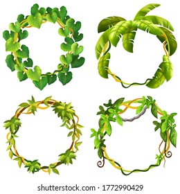 Liana branches and tropical leaves. Cartoon frames plants of jungle with space for text. Isolated vector illustration on white background.