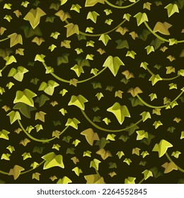 Liana branches and tropical leaves. Ivy seamless pattern. Game cartoon element of creeper jungle. Isolated vector illustration on dark background.