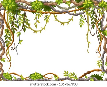 Liana branches and tropical leaves on white background. Cartoon frame plants of jungle with space for text. Isolated vector illustration.