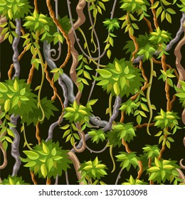 Liana Branches And Tropical Leaves On Dark Background. Seamless Pattern Of Plants Jungle. Vector Illustration.