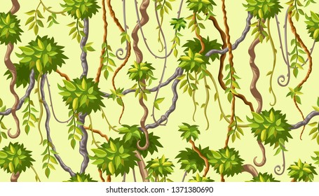 Liana branches and tropical leaves on dark background. Seamless pattern of plants jungle. Vector illustration.