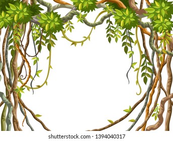 Ramas lianas y hojas tropicales sobre fondo blanco. Dibujo de plantas de selva con espacio para texto. Ilustración vectorial aislada.