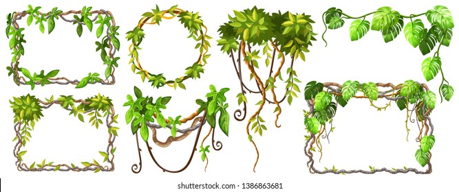 Liana branches and tropical leaves. Set game elements plants of jungle and cartoon frames with space for text. Isolated vector illustration on white background.