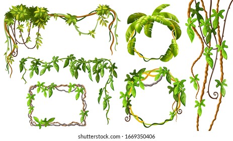 Liana branches and tropical leaves. Set game elements plants of jungle and cartoon frames with space for text. Isolated vector illustration on white background.