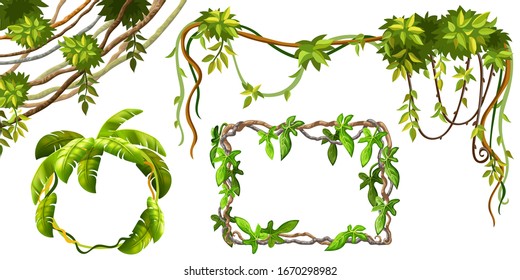 Liana branches and tropical leaves. Set game elements plants of jungle and cartoon frames with space for text. Isolated vector illustration on white background.