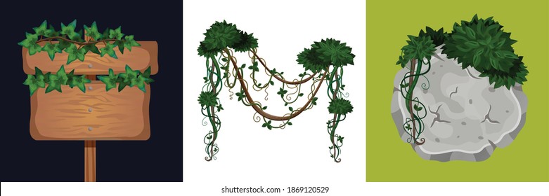 Liana design concept with images of stone and wooden sign board wrapped around by vine leaves vector illustration