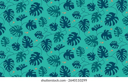 Liana floristic vector pattern seamless colourful ornament for textile, fabric, interior, ceramic, wallpaper, paper decoration on emerald background
